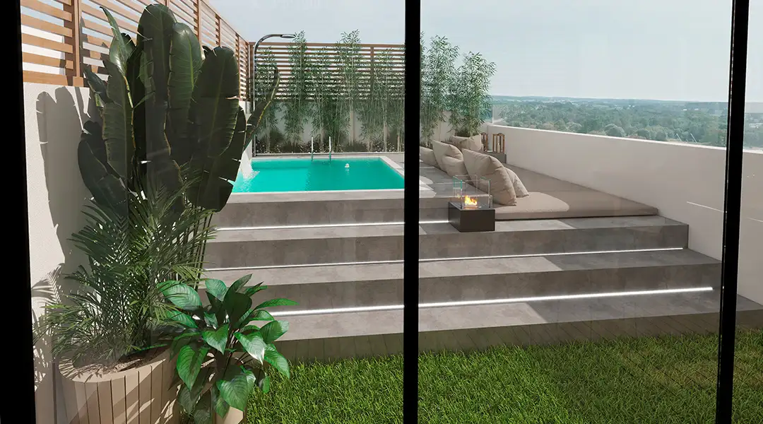 Cerramiento en aluminio para terraza con piscina