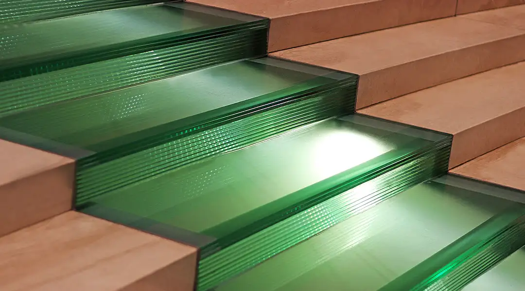 Diseño de escalera que combina peldaños de vidrio y madera para un estilo moderno