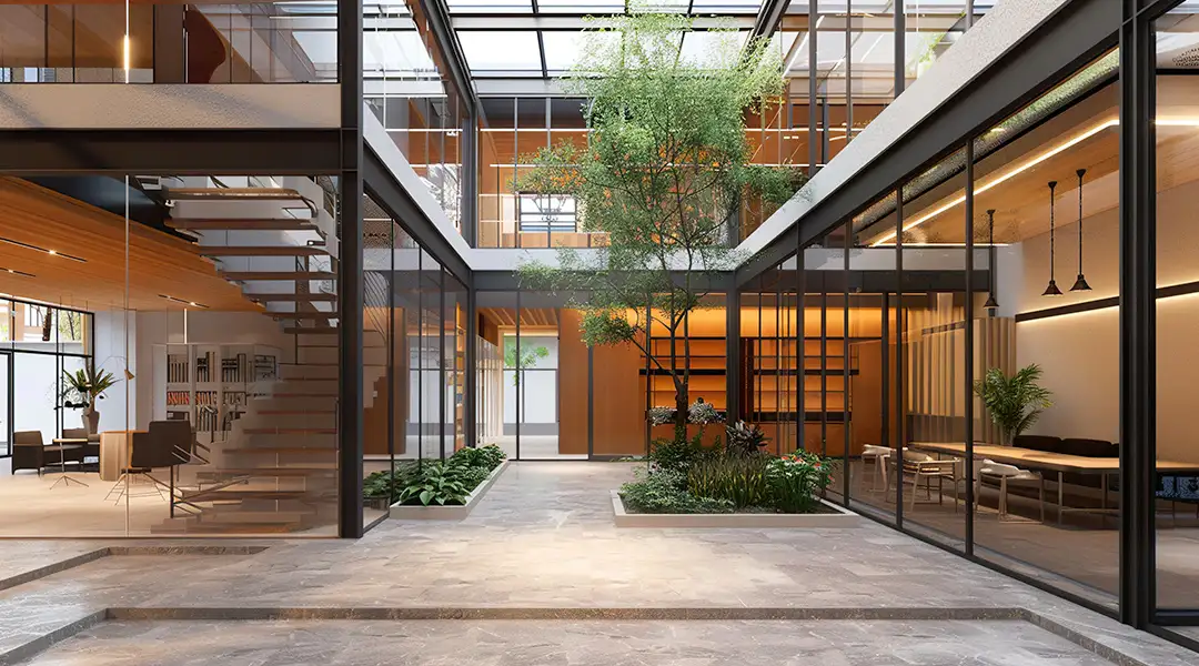 Interior de edificio con techo de vidrio y perfil de aluminio