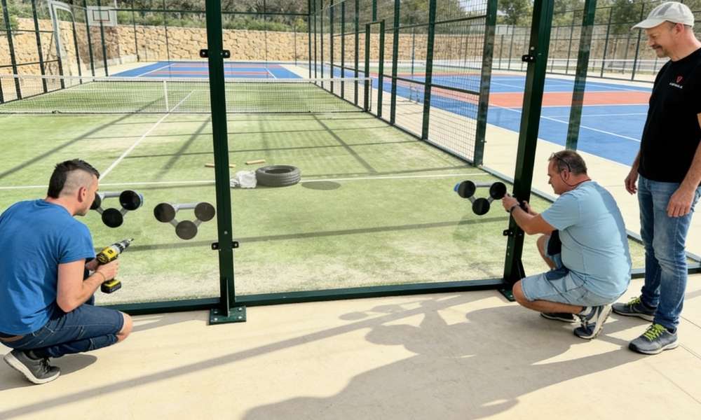 Profesionales de Vidreglass instalando pared de vidrio en pistas de padel outdoor